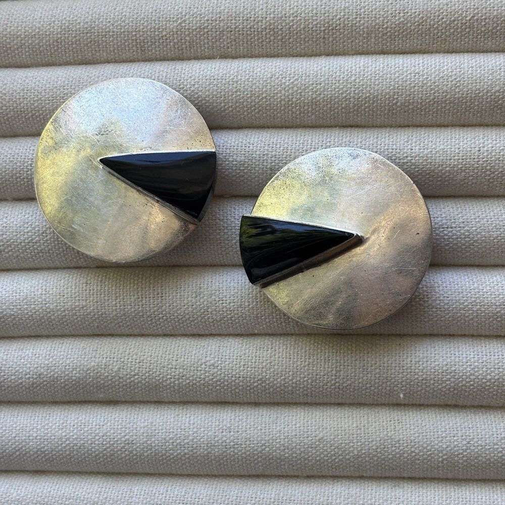Taxco Mexico Sterling Silver Black Onyx Modernist Round Clip On Earrings 31.7g